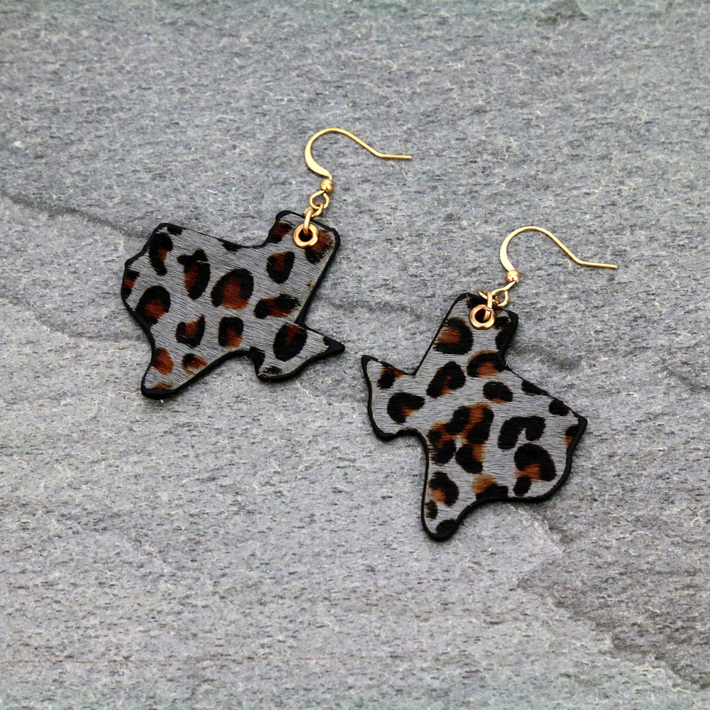 Genuine leather Leopard Print Texas Map Dangle Earrings