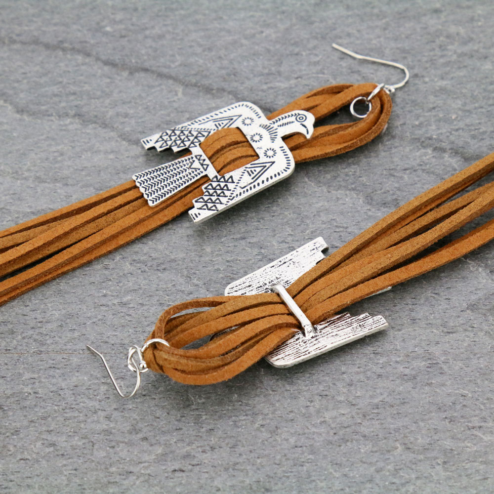 5.5" Long, Boho Thunderbird Suede Earrings - Image 3