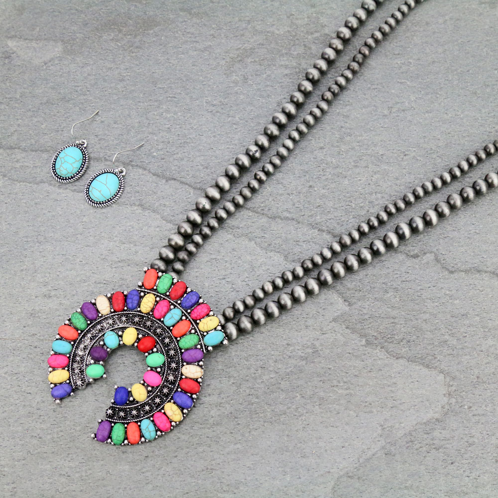 Navajo Style Pearl Squash Blossom Necklace Set