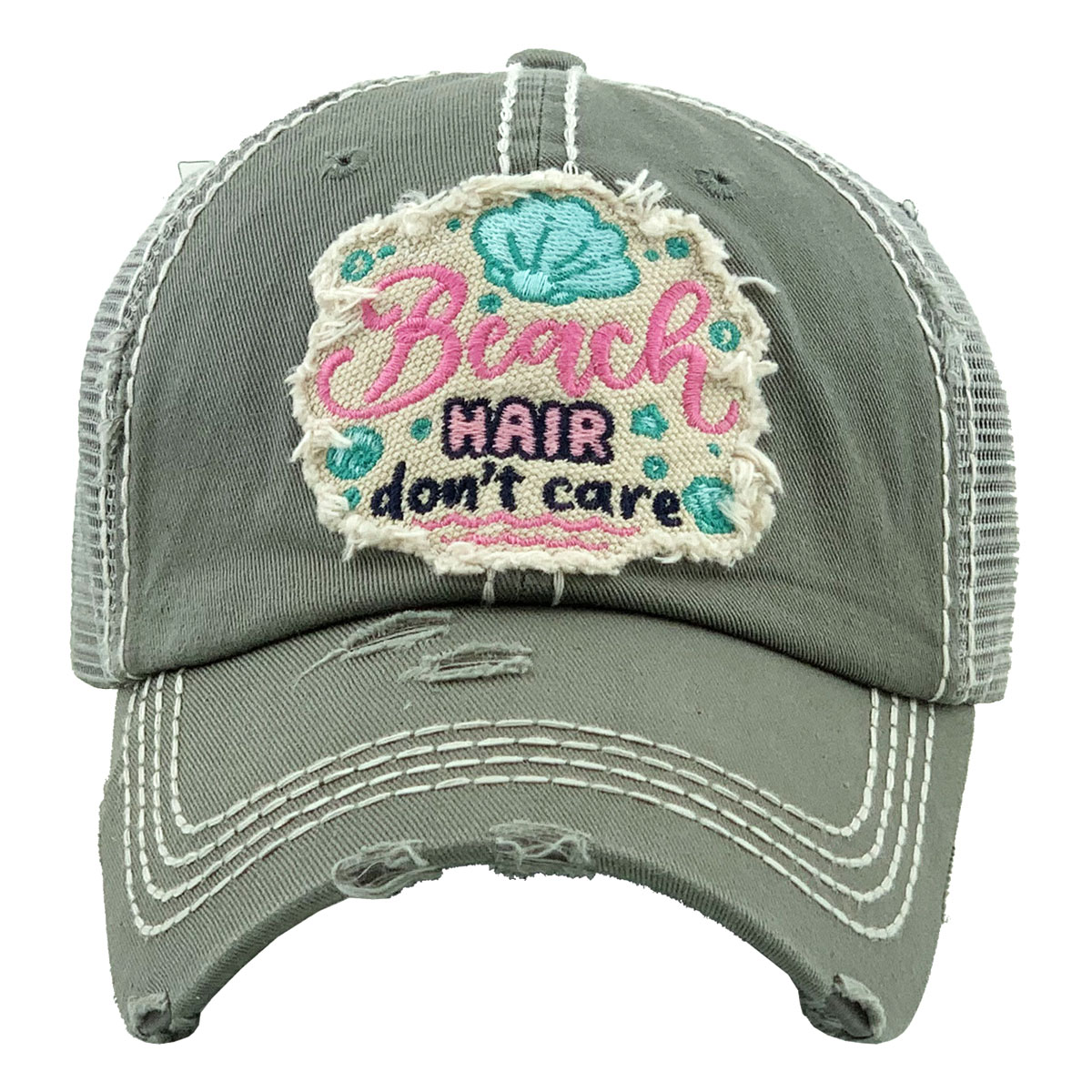 "BEACH HAIR DON'T CARE" Washed Vintage Ball Cap-KBV-1289/MOS