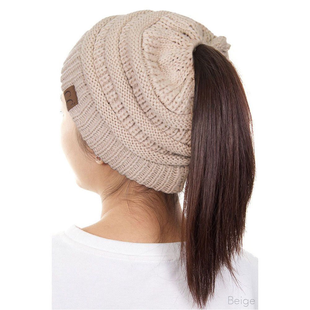 C.C Solid Color Ponytail Messy Bun Beanie - Image 2