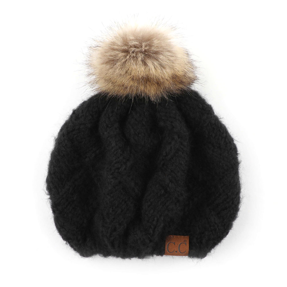 C.C Basket Weave Knitted Beret Beanie with 12cm Fur Pom