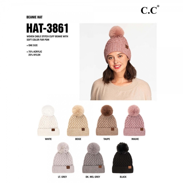 C.C Woven Cable Stitch Cuff Beanie with Soft Color Fur Pom - Image 3