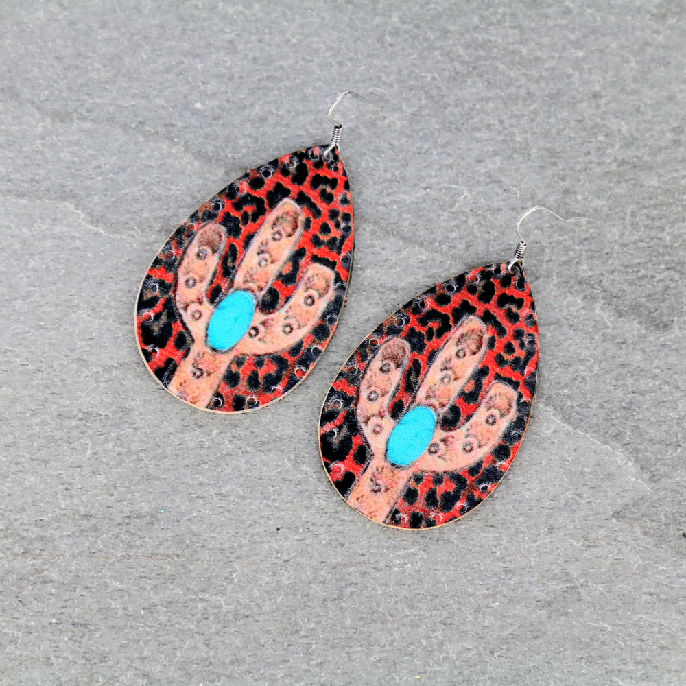 Genuine Leather Cactus Print Teardrop Fish Hook Earrings