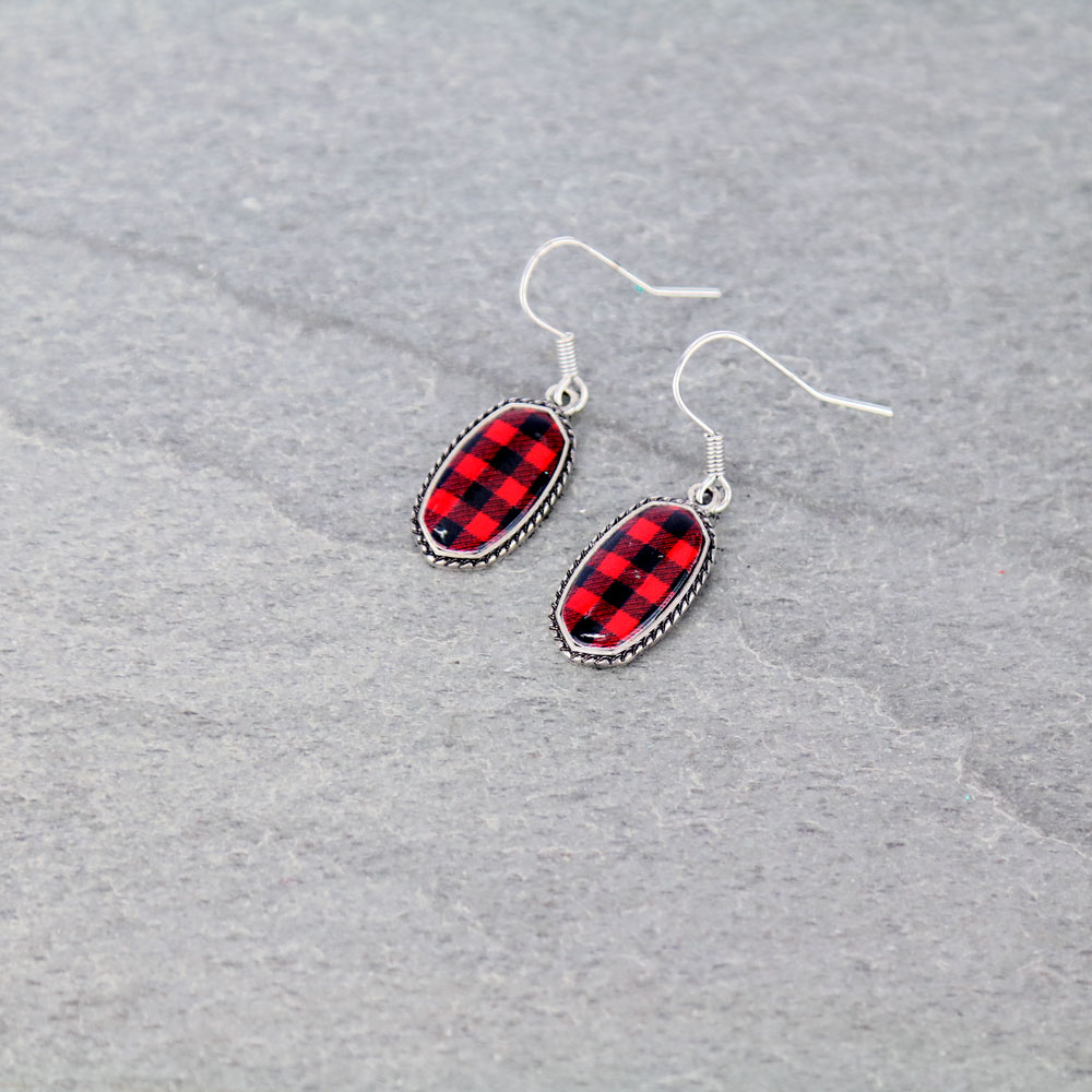 Plaid Pattern Oval Fish Hook Earrings