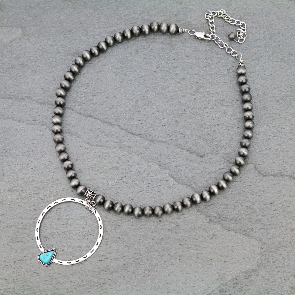 16" Long, 8mm Navajo Style Pearl Necklace, Natural Stone Pendant