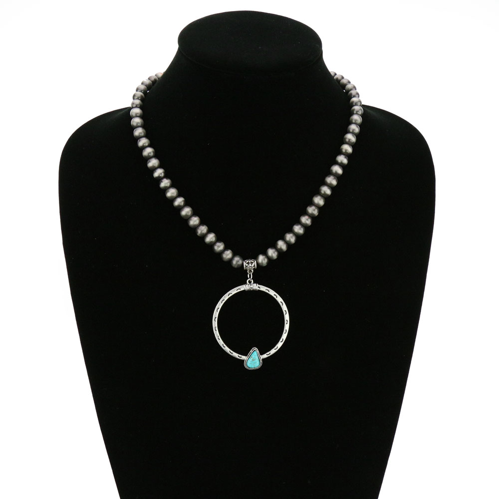 16" Long, 8mm Navajo Style Pearl Necklace, Natural Stone Pendant - Image 2