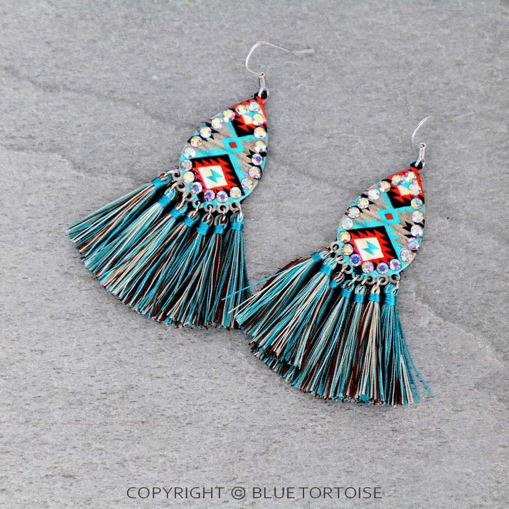 Patterned Printed Teardrop with Tassel Fish Hook Earrings