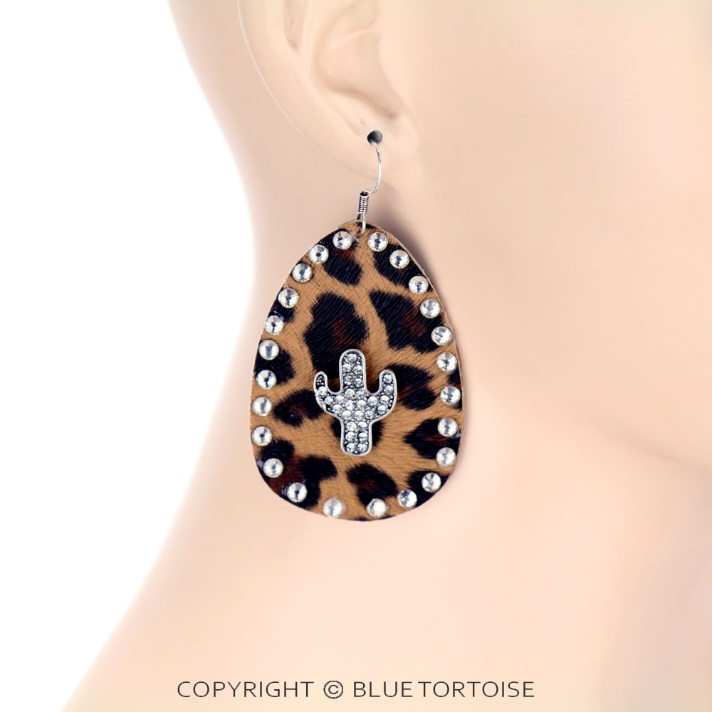 Cactus On Leopard Leather Dangle Earrings - Image 2