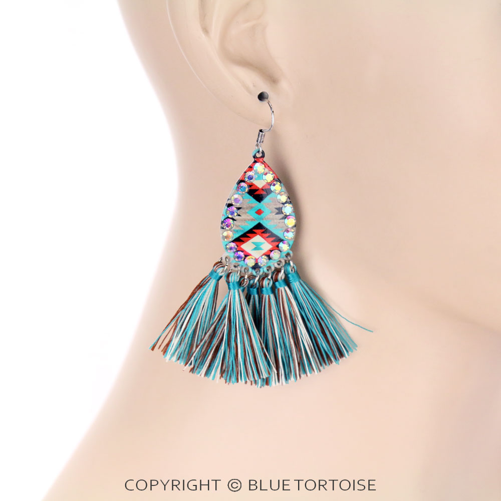 Patterned Printed Teardrop with Tassel Fish Hook Earrings - Image 2