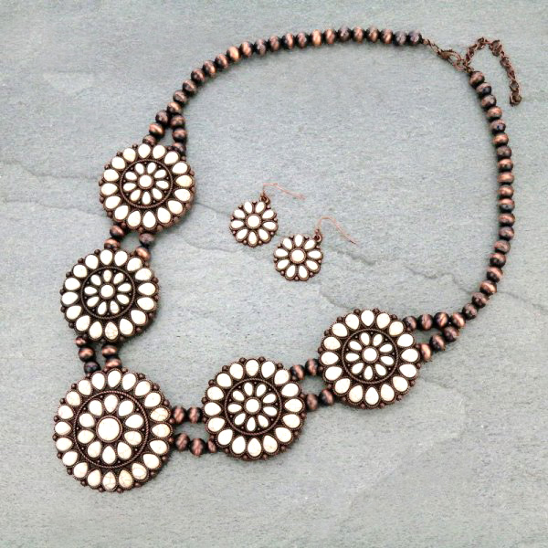 Western Navajo Style Pearl Squash Blossom Necklace Set