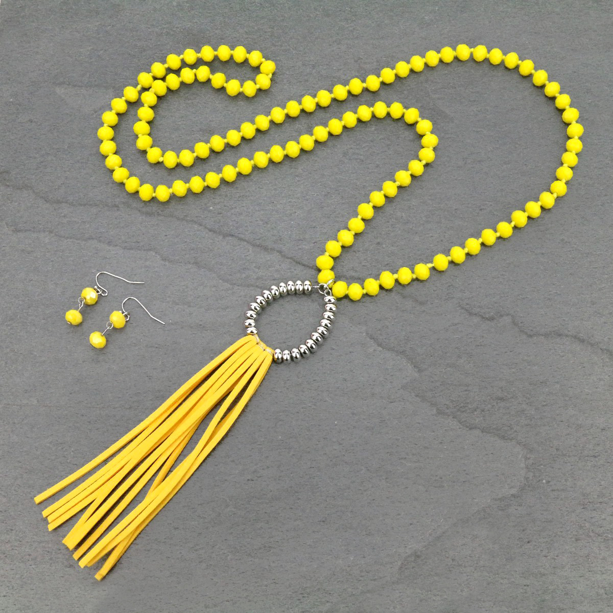 Glass Bead Teardrop Tassel Necklace Set