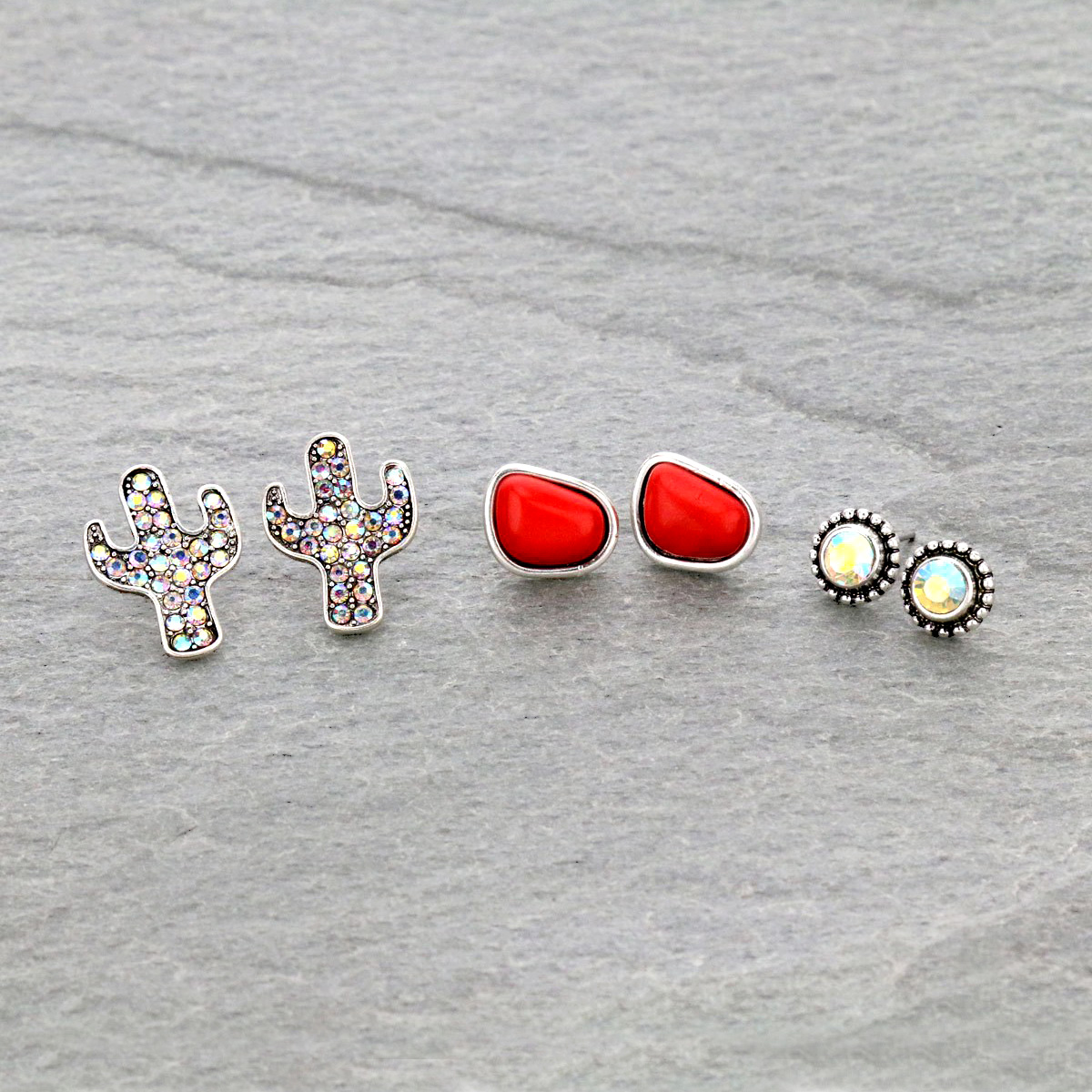 3 Pair Cactus Stone Earring Set