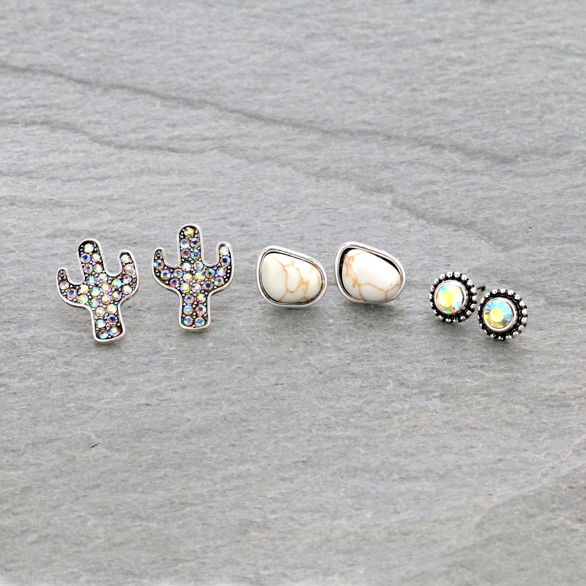 3 Pair Cactus Stone Earring Set