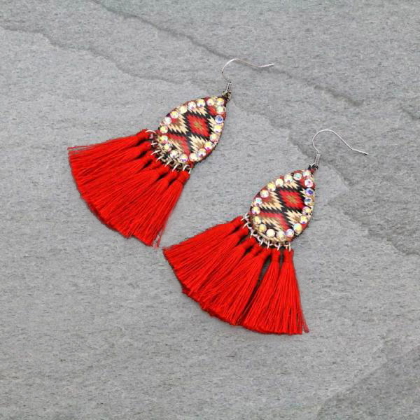 Patterned Printed Teardrop with Tassel Fish Hook Earrings