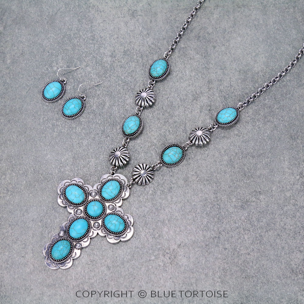 Western Turquoise Cross Necklace Set
