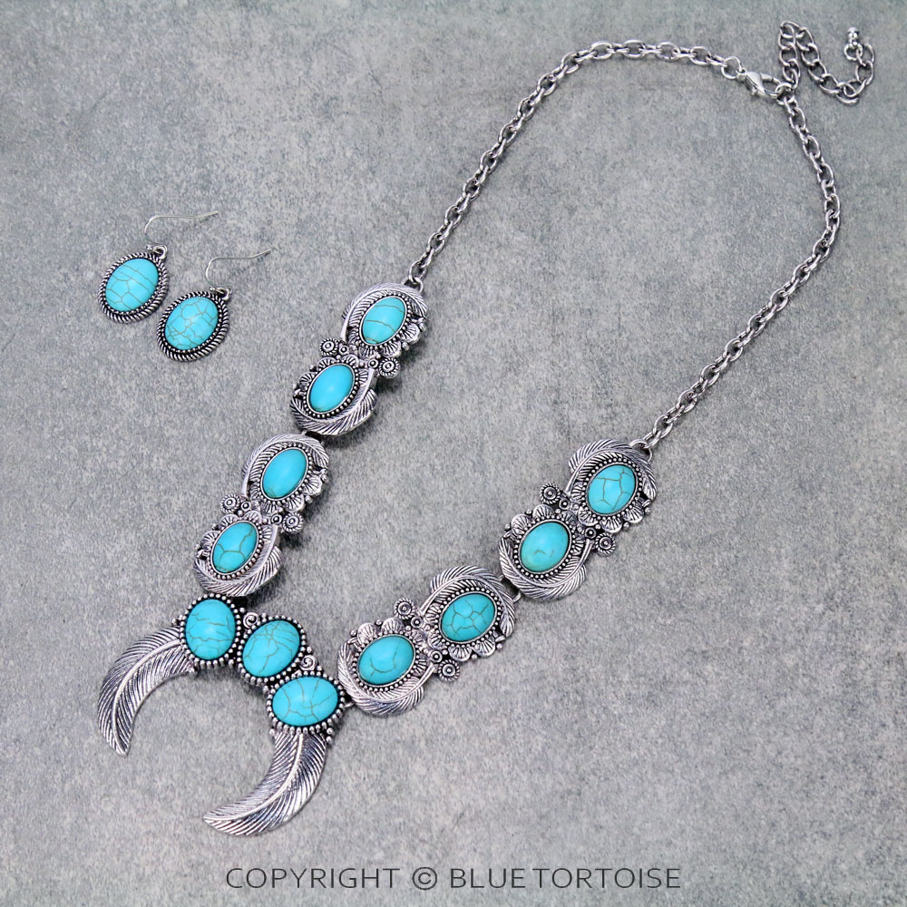 Western Turquoise Squash Blossom Necklace Set