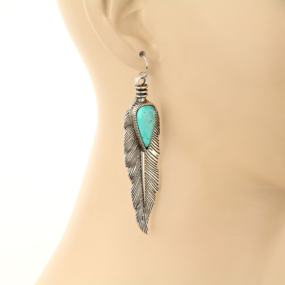 Long Boho Natural Stone Feather Earrings - Image 2