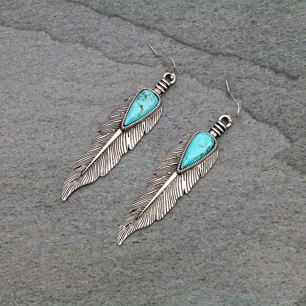 Long Boho Natural Stone Feather Earrings