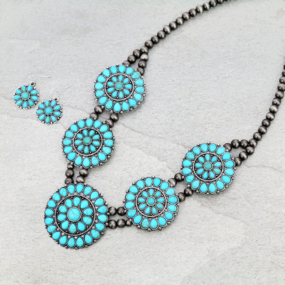 Western Navajo Style Pearl Squash Blossom Necklace Set
