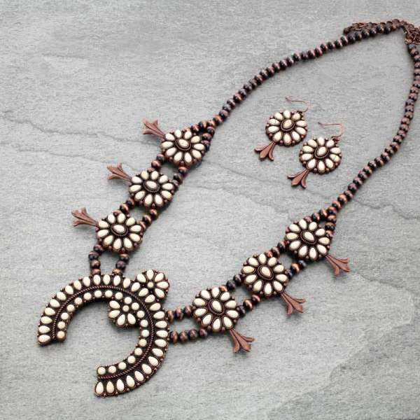 Navajo Style Pearl Squash Blossom Necklace Set