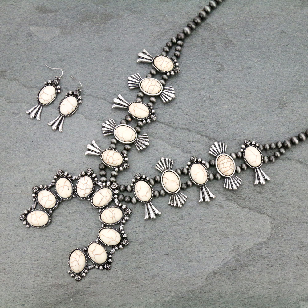 Western Navajo Style Squash Blossom Stone Necklace Set