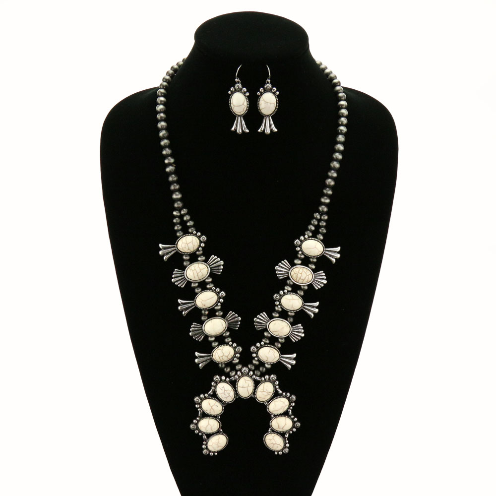 Western Navajo Style Squash Blossom Stone Necklace Set - Image 2