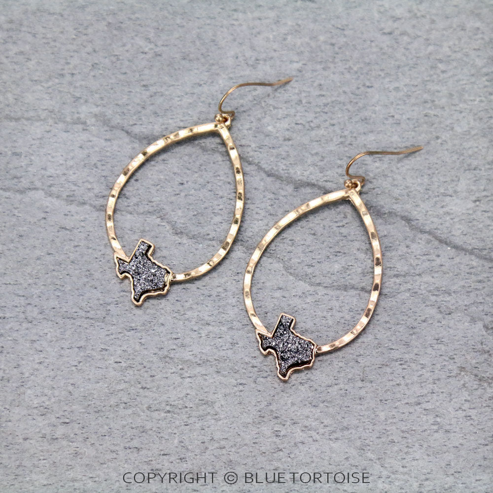 Texas Map Druzy Teardrop Dangle Earrings