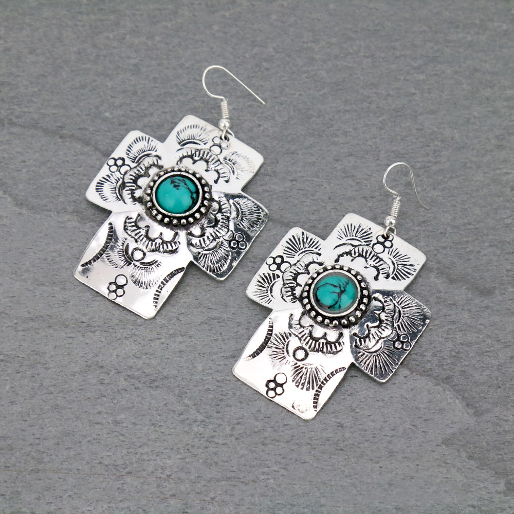 Handmade Turquoise Over sized Cross Fish Hook Earrings