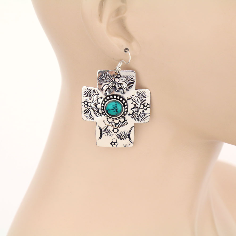 Handmade Turquoise Over sized Cross Fish Hook Earrings - Image 2