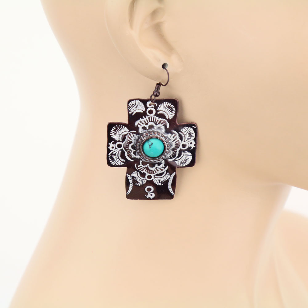Handmade Turquoise Over sized Cross Fish Hook Earrings - Image 2