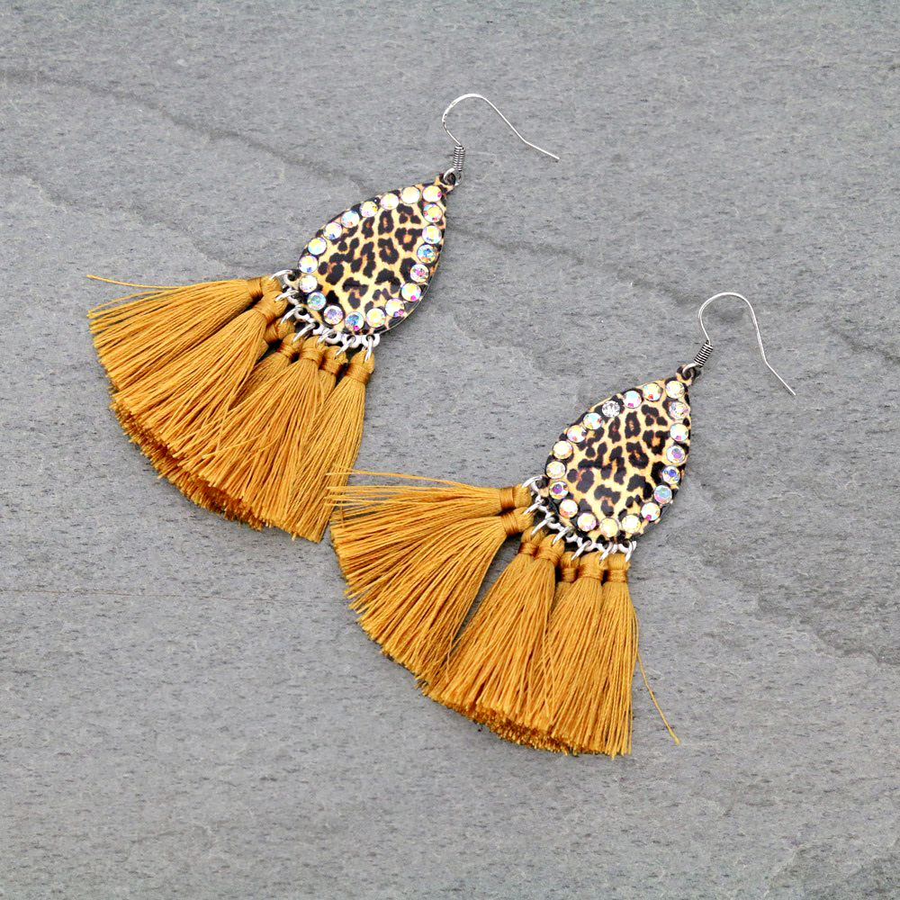 Patterned Printed Teardrop with Tassel Fish Hook Earrings