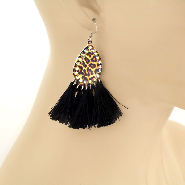 Patterned Printed Teardrop with Tassel Fish Hook Earrings - Image 2