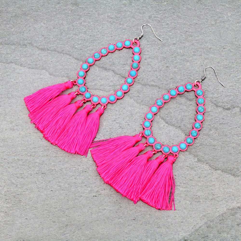 Teardrop with Tassel Stone Dangle Earrings