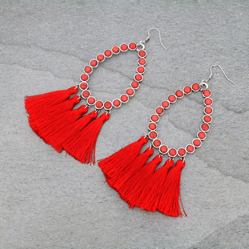 Teardrop with Tassel Stone Dangle Earrings