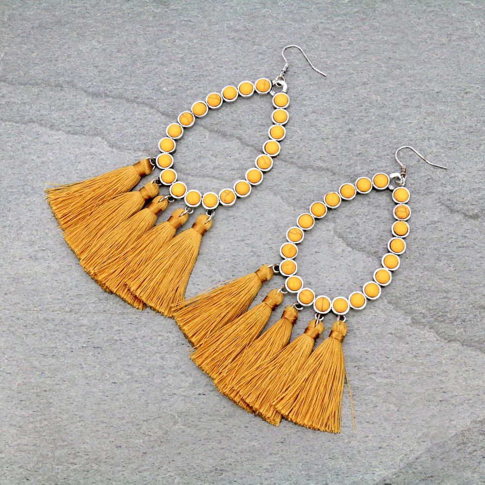 Teardrop with Tassel Stone Dangle Earrings