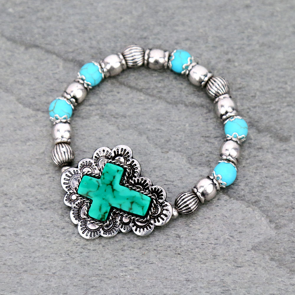 Western Cross Turquoise Stretch Bracelet