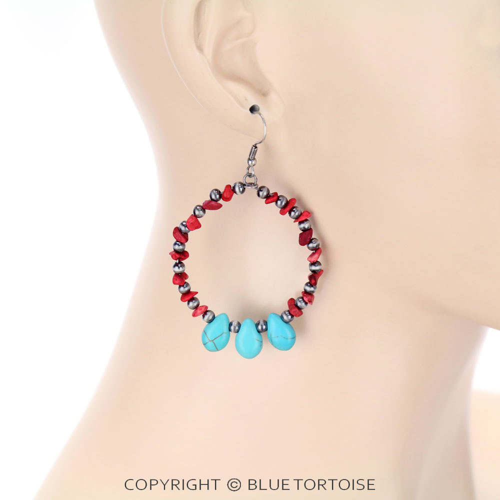 Chip Stone with Navajo Style Bead Dangle Earrings - Image 2