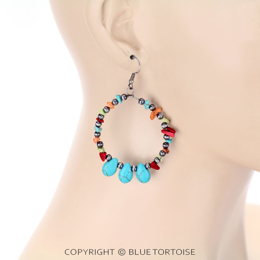 Chip Stone with Navajo Style Bead Dangle Earrings - Image 2