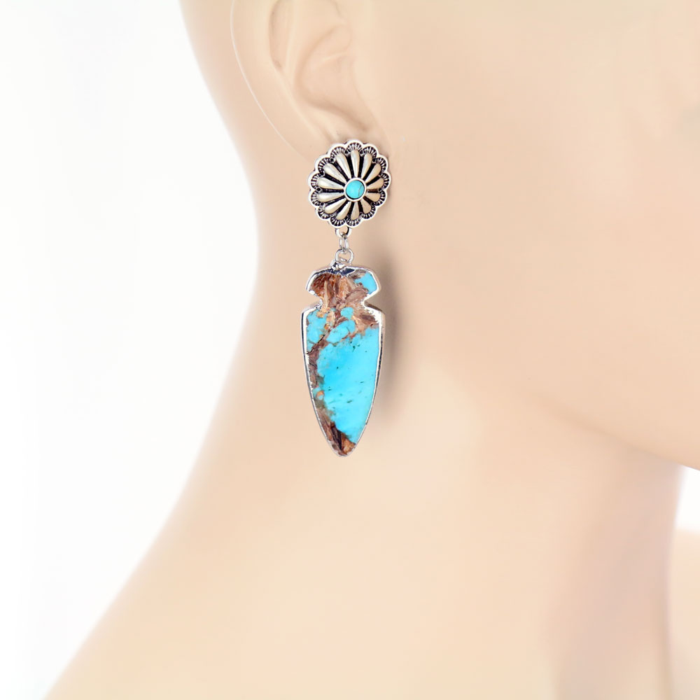 2.8" Long, Bezel Setting Arrowhead Natural Gemstone Post Earrings - Image 2