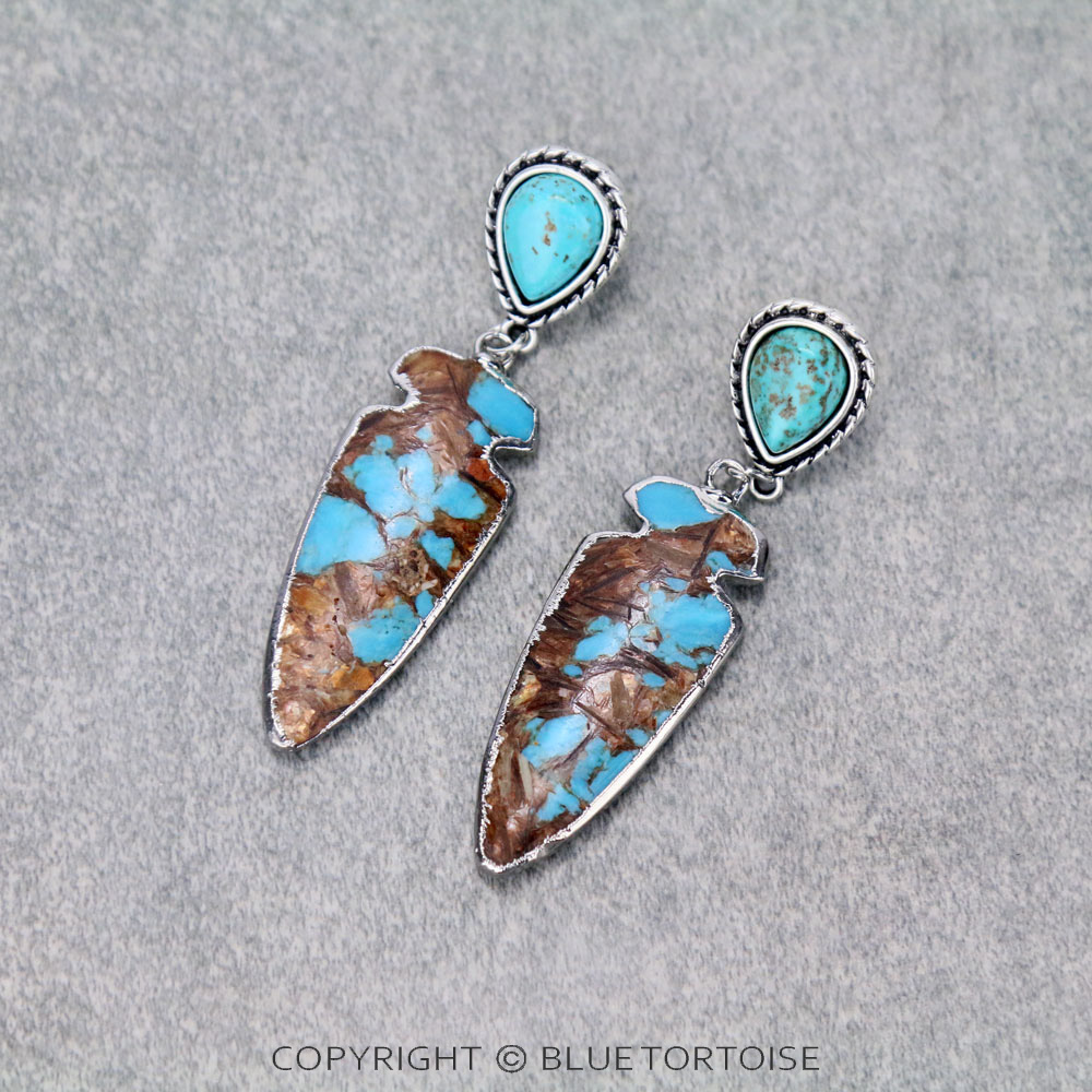 2.8" Long, Bezel Setting Arrowhead Natural Gemstone, Natural Stone Post Earrings