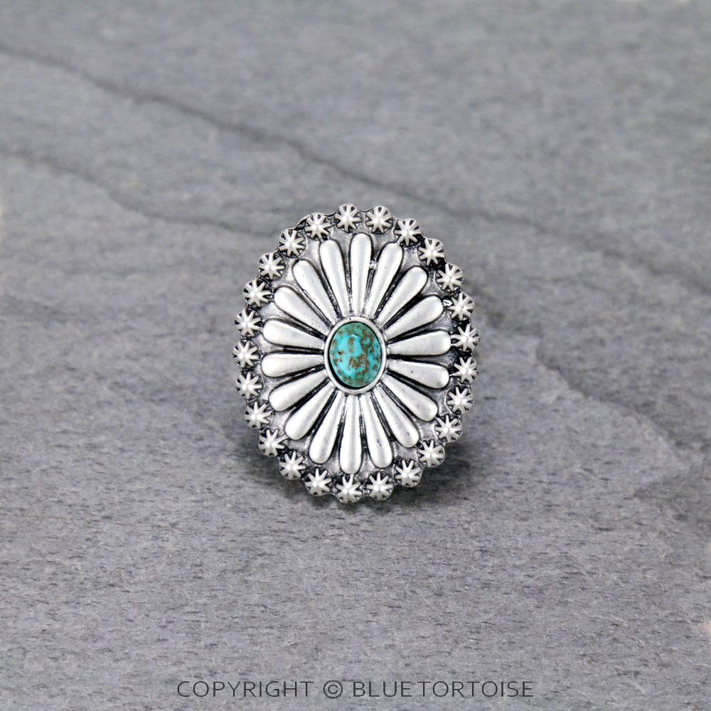 1.7" Long, Boho Concho Natural Stone Adjustable Ring with Double Band