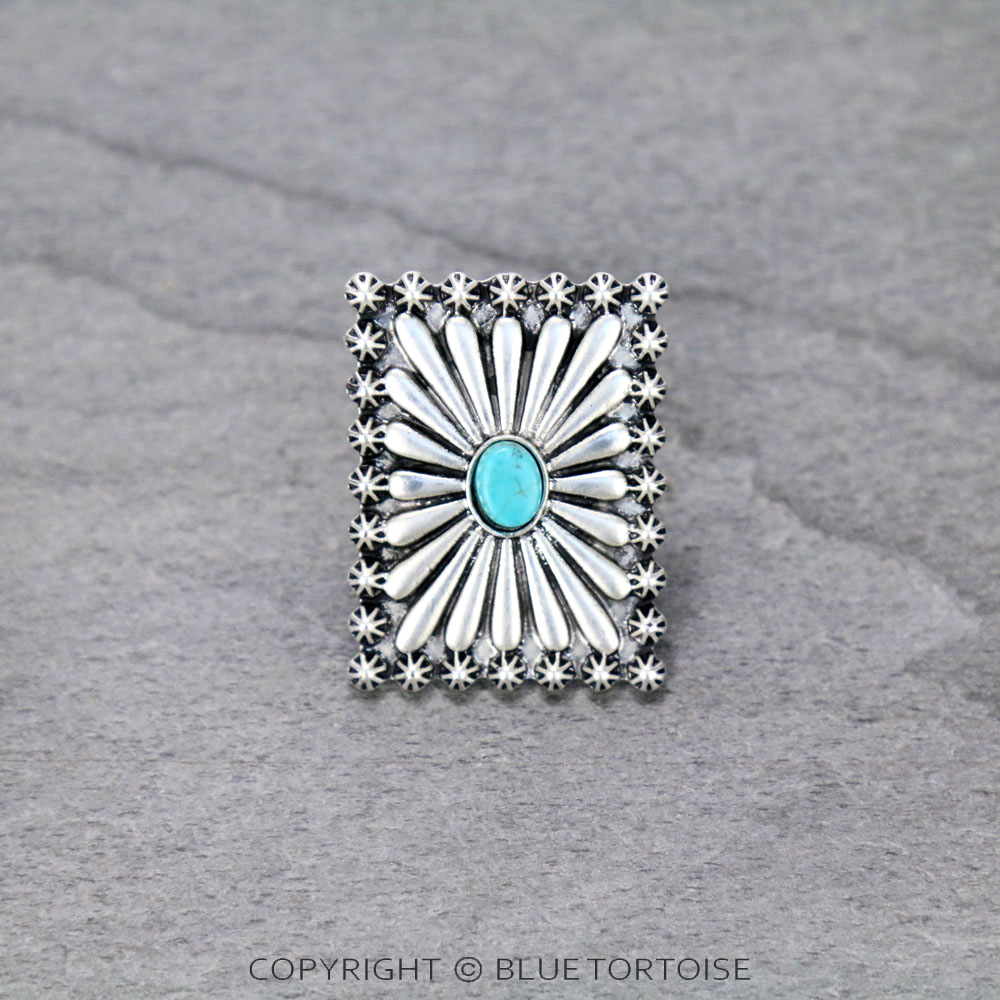 1.7" Long, Boho Concho Natural Stone Adjustable Ring with Double Band