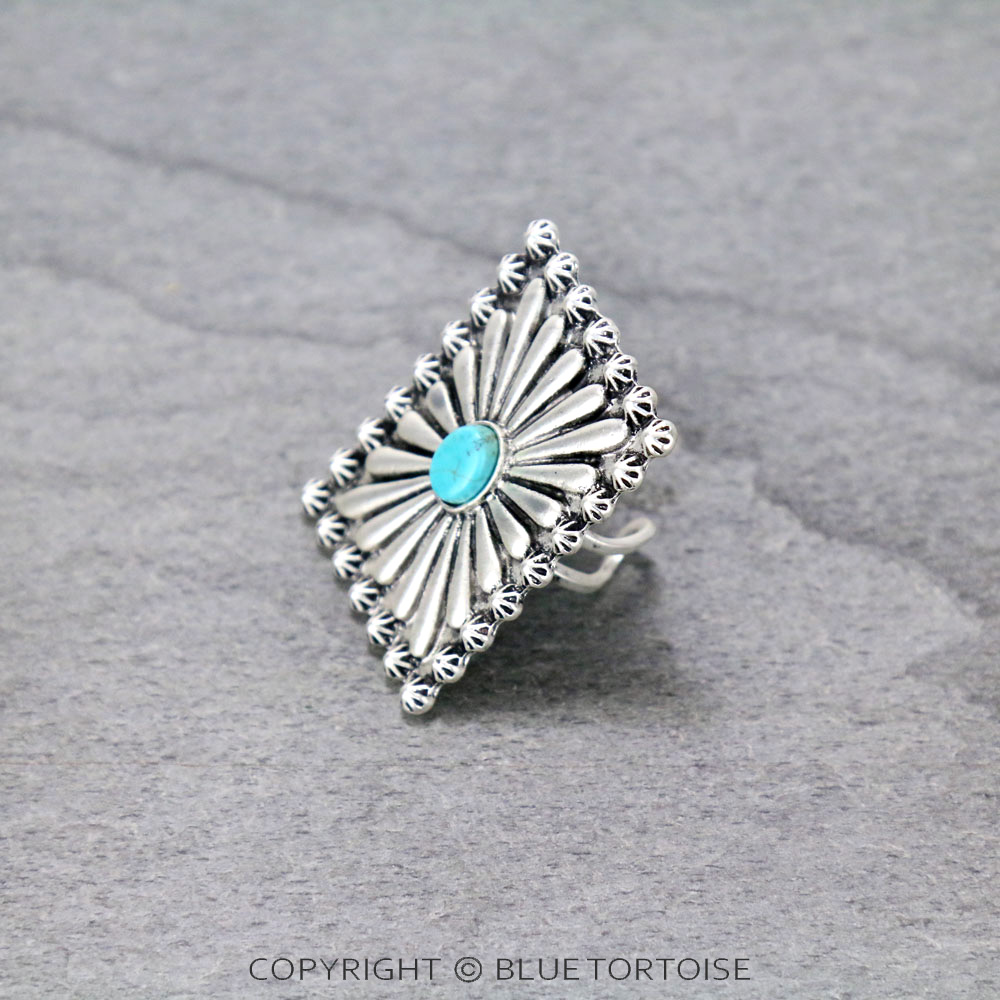 1.7" Long, Boho Concho Natural Stone Adjustable Ring with Double Band - Image 3