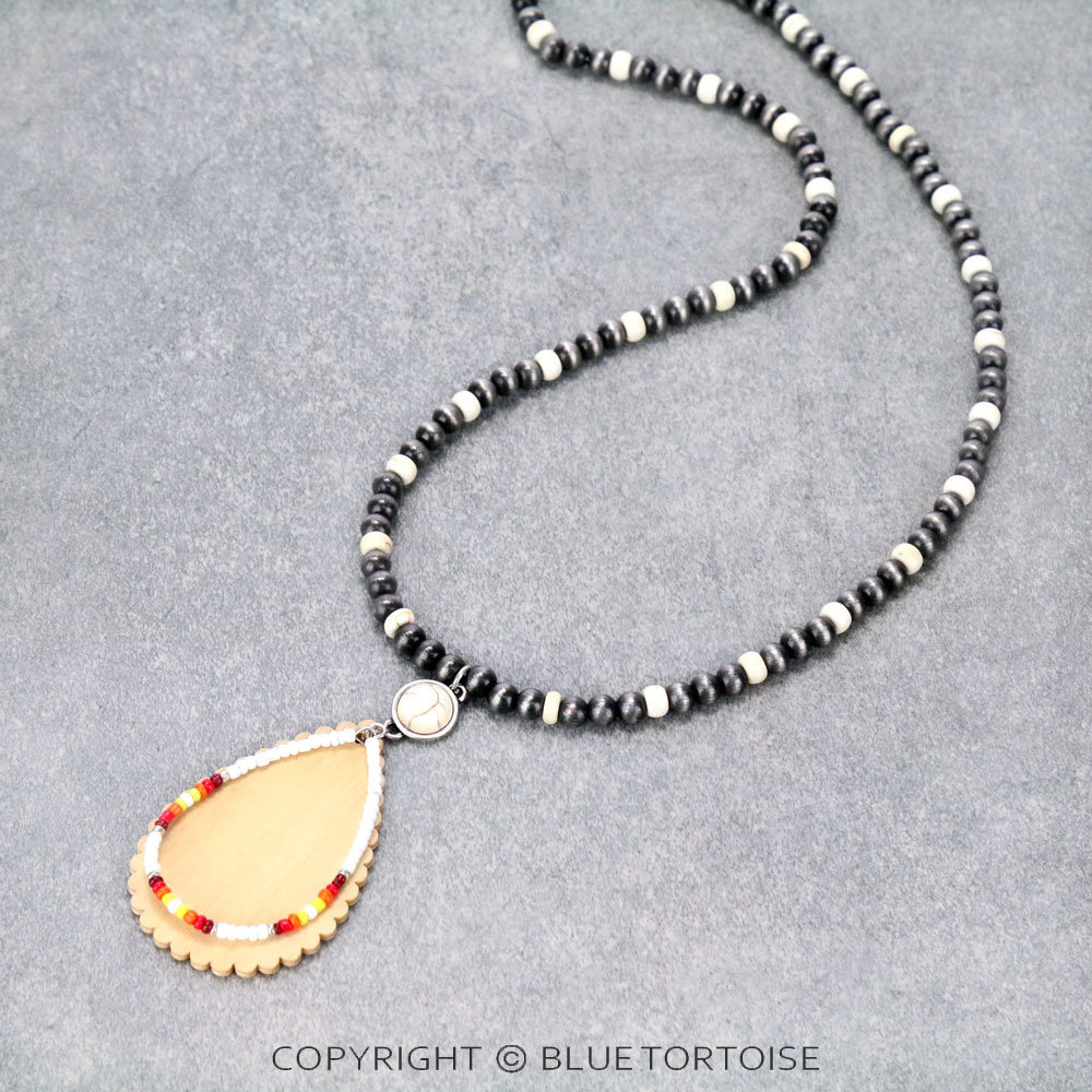 Navajo Style Bead with Wood & Seed Bead Teardrop Pendant Necklace