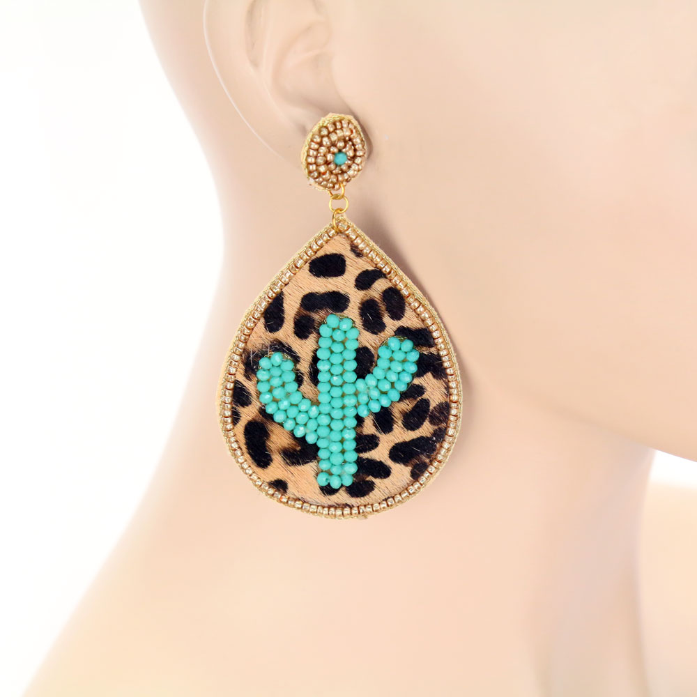 Leopard Leather Cactus Stud Earrings - Image 2