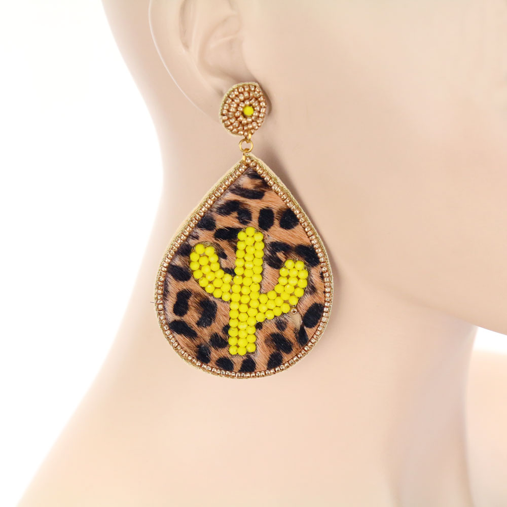 Leopard Leather Cactus Stud Earrings - Image 2