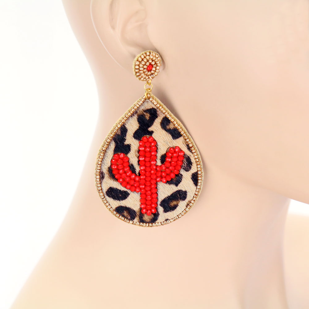 Leopard Leather Cactus Stud Earrings - Image 2