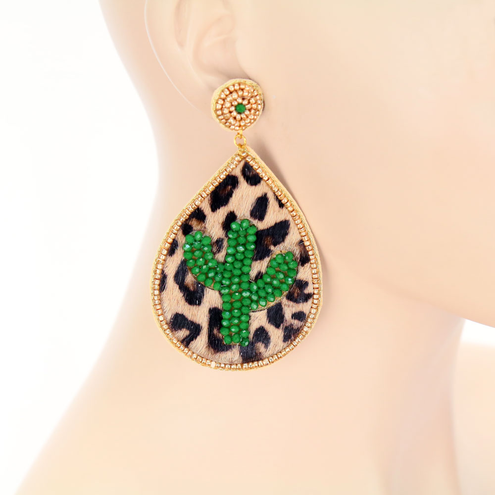 Leopard Leather Cactus Stud Earrings - Image 2