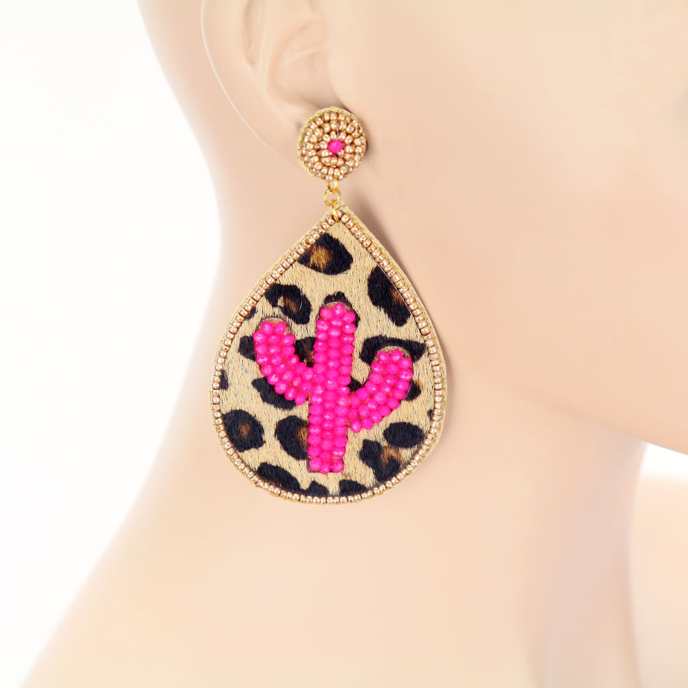Leopard Leather Cactus Stud Earrings - Image 2